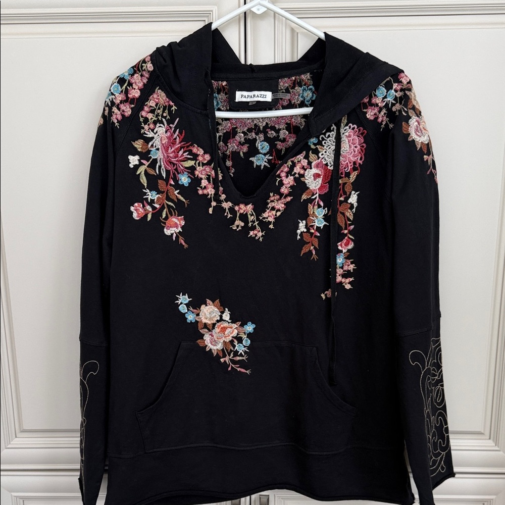 Paparazzi Black Hoodie with Intricate Floral Embroidery